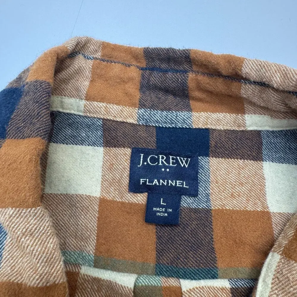 Mens J Crew Flannel Soft Orange Blue Tan Plaid Button Up Shirt Size Large